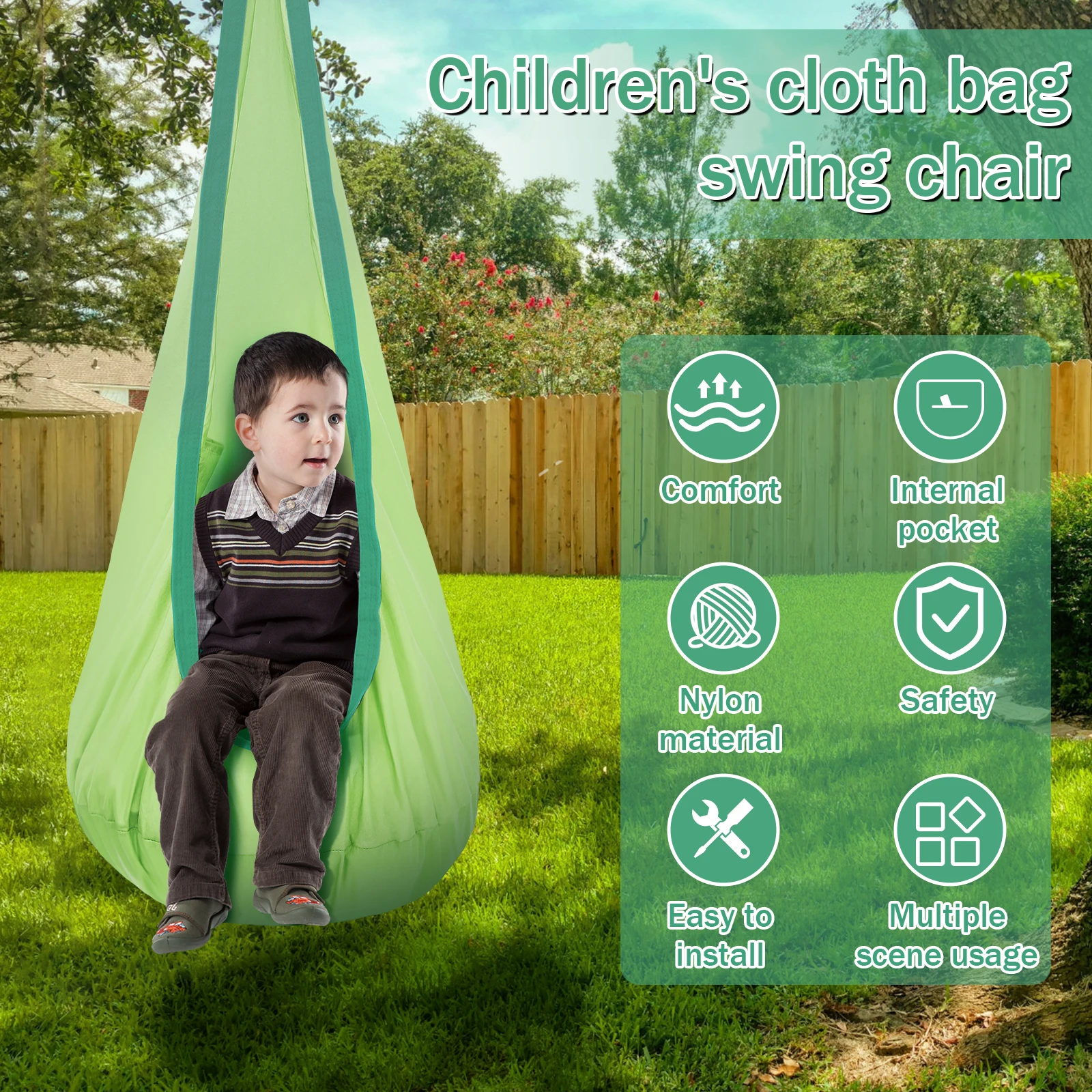 Kids Pod Swing Seat Nylon Hanging Chair with Inflatable Cushion Portable Children Sensory Swing Set for Indoor Outdoor Use Kids