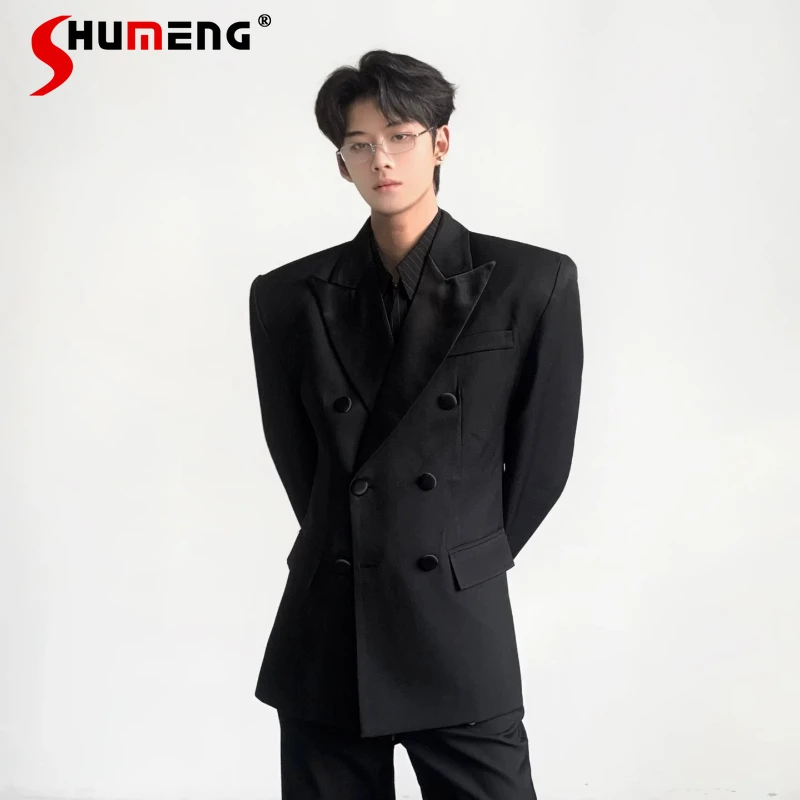 

2026 Men's Spring New Fashion High-end Waist-tight Suit Jackets Double-breasted Tailored Coats Shoulder Padded Suit Simple Tops