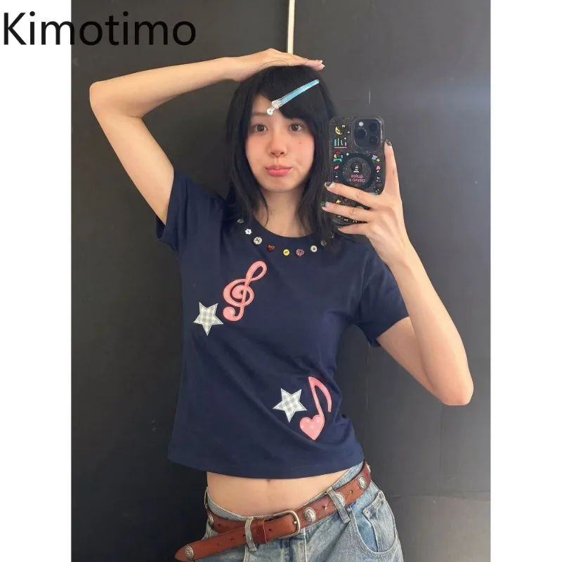 Kimotimo Y2K Harajuku Musical Note Star Print Tee Women Summer Kawaii Slim Fit T-shirt Retro 2000s Aesthetic Crop Top Streetwear
