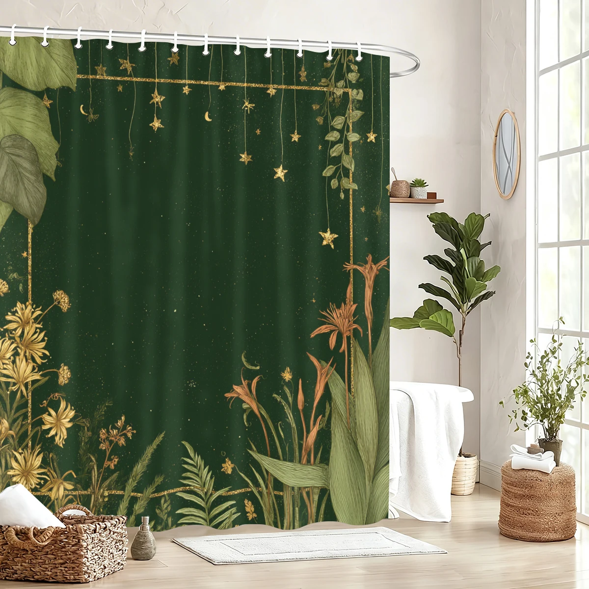 

Vintage Themed Polyester Shower Curtain - Artistic Floral & Celestial Printed Bath Decor for Bathroom