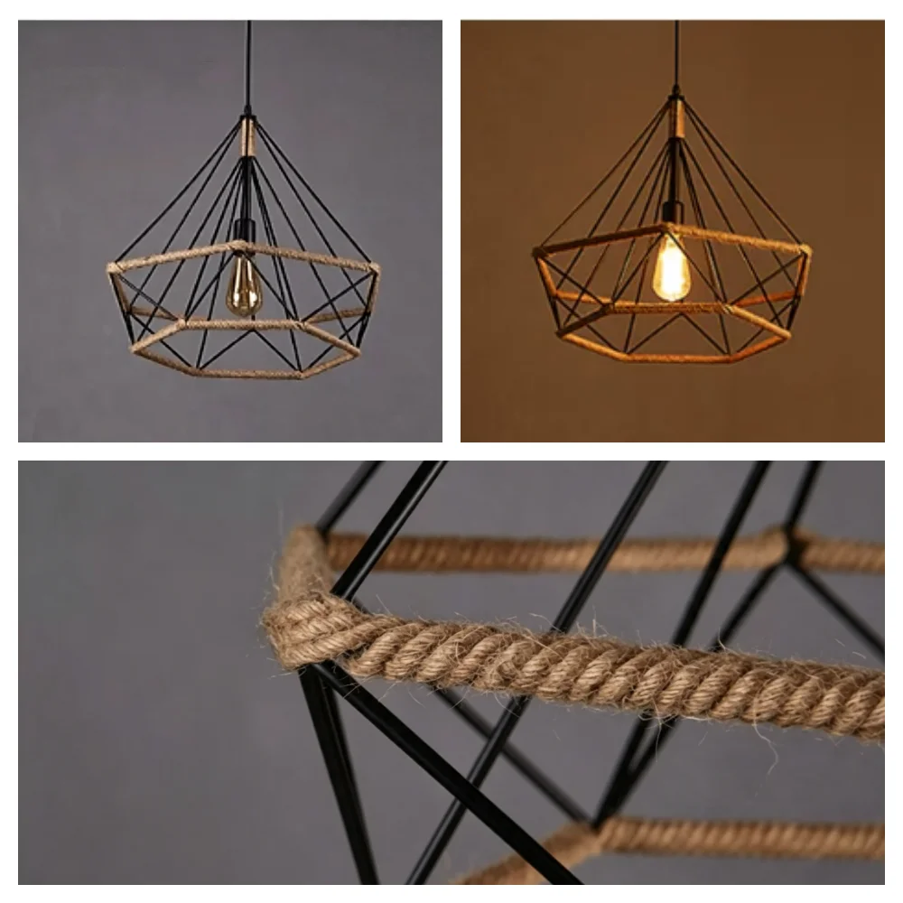 3 Heads Retro Industrial Chandelier American Diamond Wrought Iron Hemp Rope Pendant Lamp For Dining Table Restaurant Decor Lamp