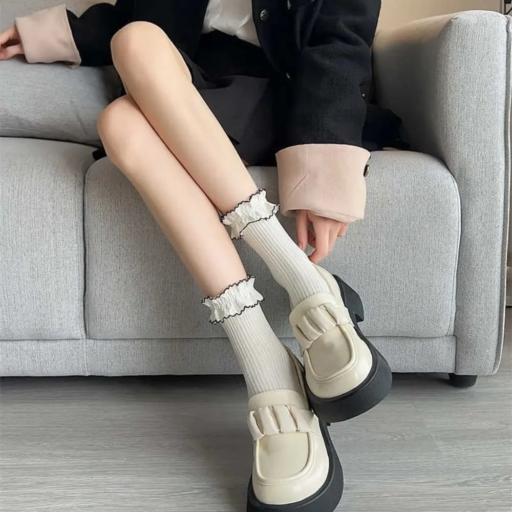 Warm Winter Trendy Thick Sweet Frilly Ruffle Korean Style Socks Women Camellia Socks Cotton Hosiery Middle Tube