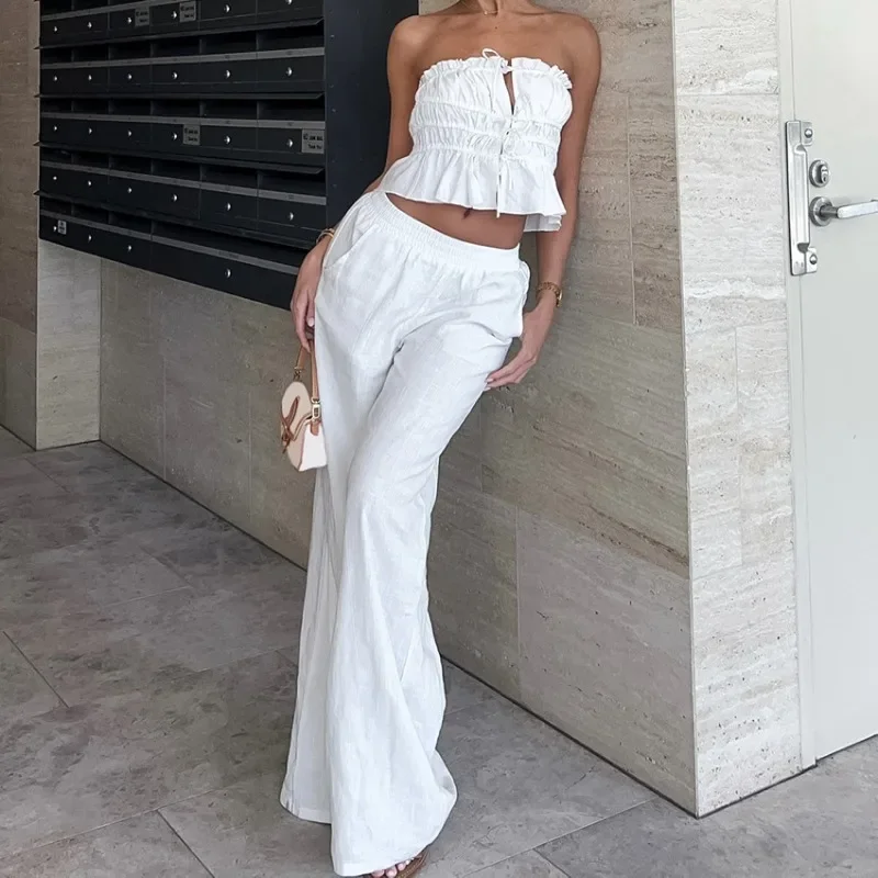 

White Cotton and Linen Tube Top Wide-footed Casual Pants Lace-up Set Spring and Summer Fashion New Cross-border Two-piece Set