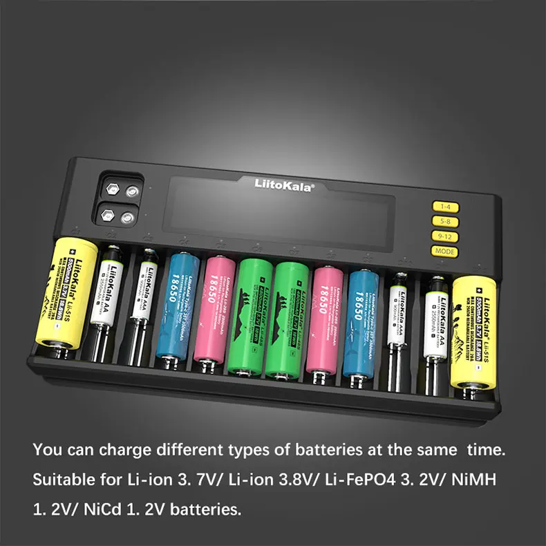 LiitoKala Lii-S12 Smart-Ladegerät 12-Slot LCD Auto-Polarität 18650 21700 26650 32650 Li-ion LiFePO4 NiMH AA AAA 9V Batterie 12V 4A – Detail 5