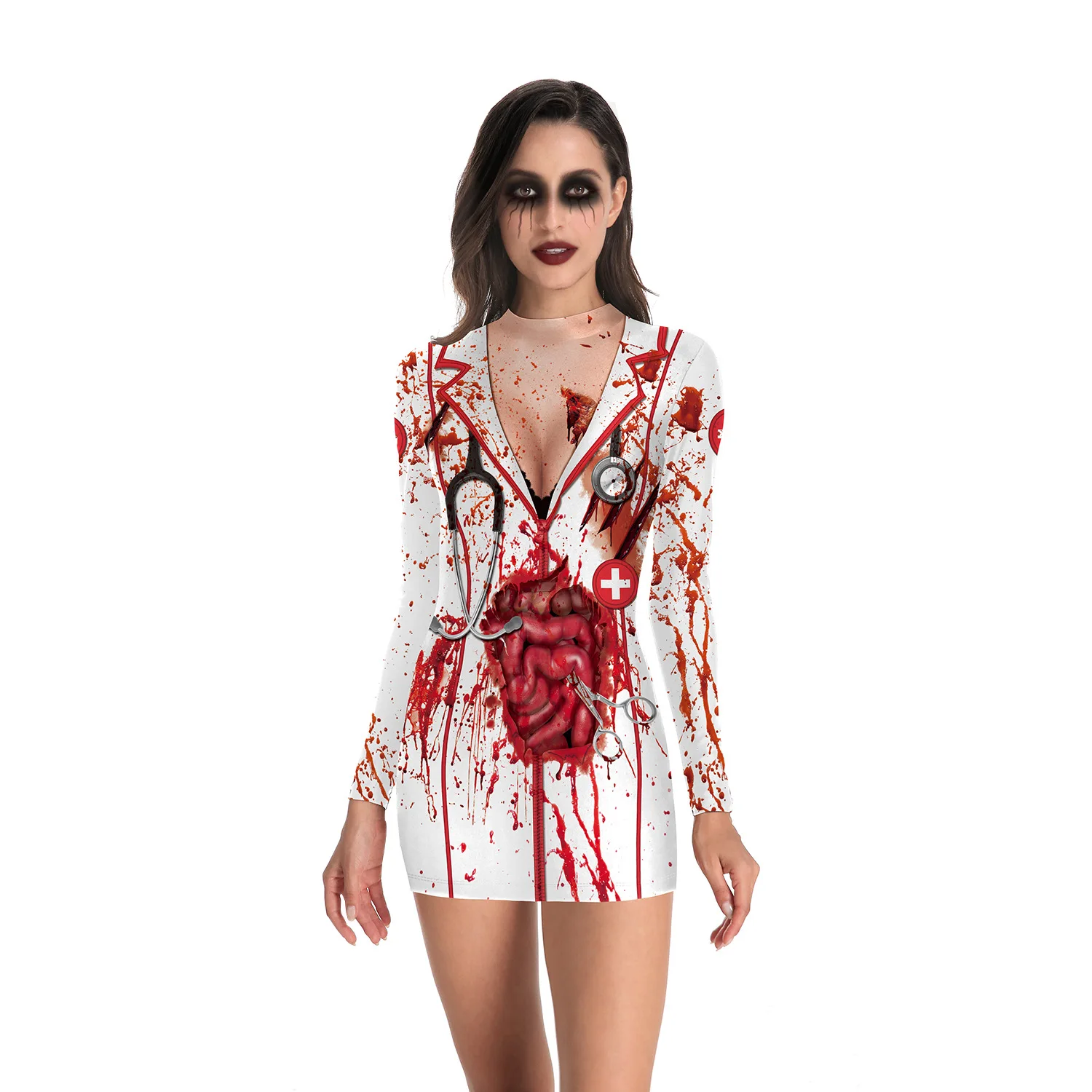 Adults Women Halloween Nurse Zombie Crewneck Slim-fitting Long-sleeved Dress for Party Cosplay Costumes