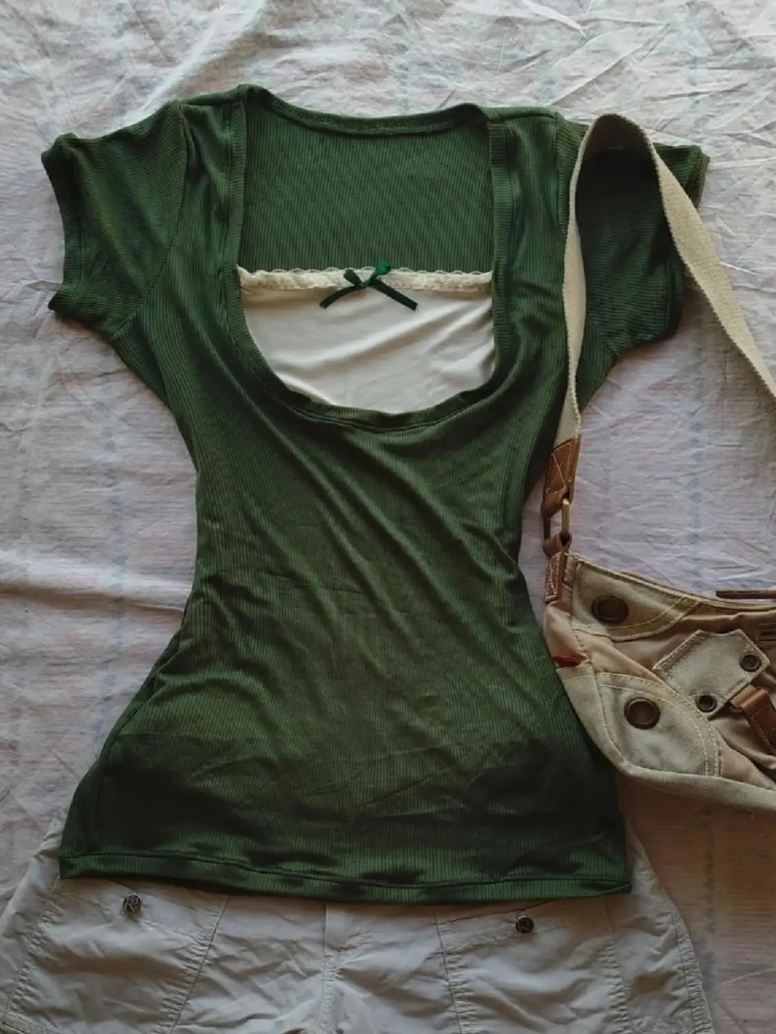 American Retro Spicy Girl Green Lace Bow Square Neck Short Sleeved T-shirt Summer Slim Waist Spicy Girl Streetwear Y2k Top