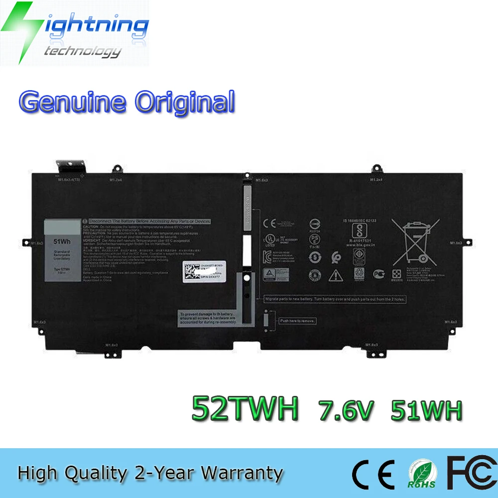 New Genuine Original 52TWH 7.6V 51Wh Laptop Battery for Dell XPS 13 7390 2-in-1 Series P103G P103G002 P103G001 052TWH 0XX3T7