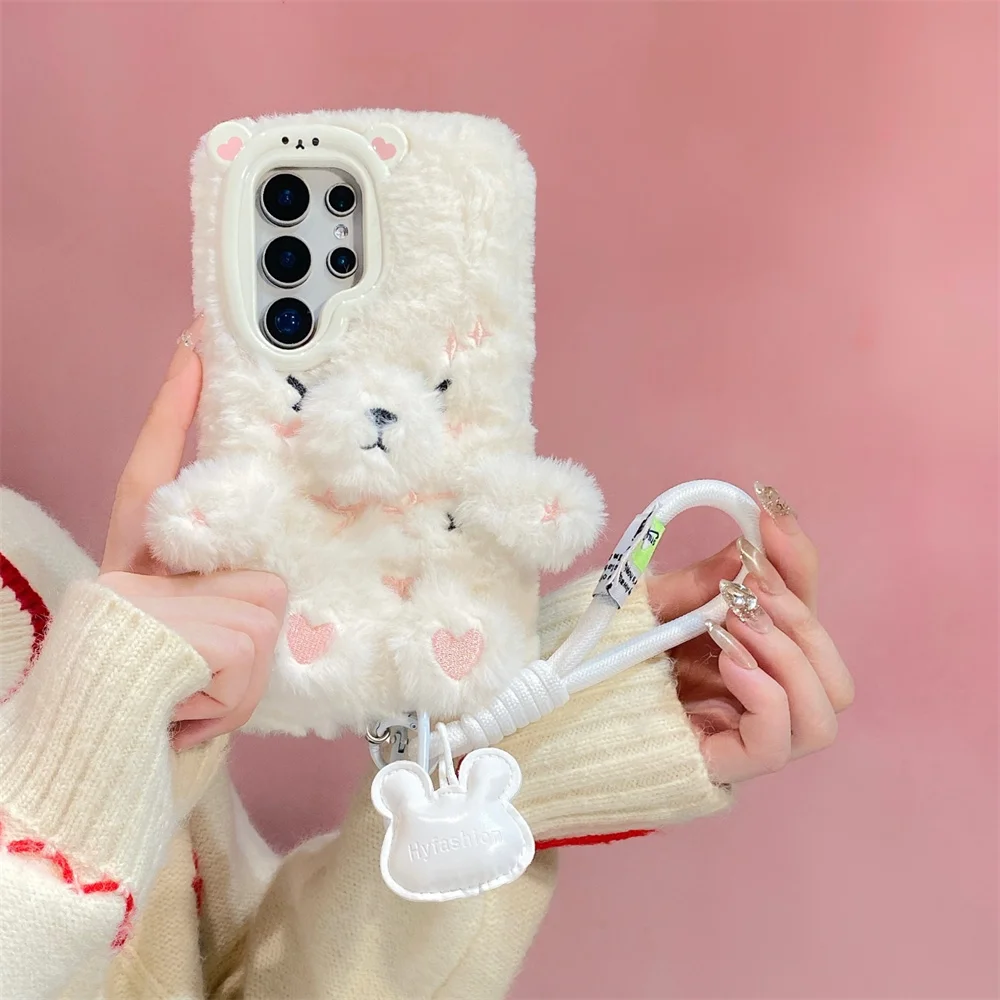 Sweet 3D Cartoon Bear Heart Lovely Plush Phone Case for Samsung Galaxy S26 Ultra S25 A56 Braided Wrist Strap Protective Cover