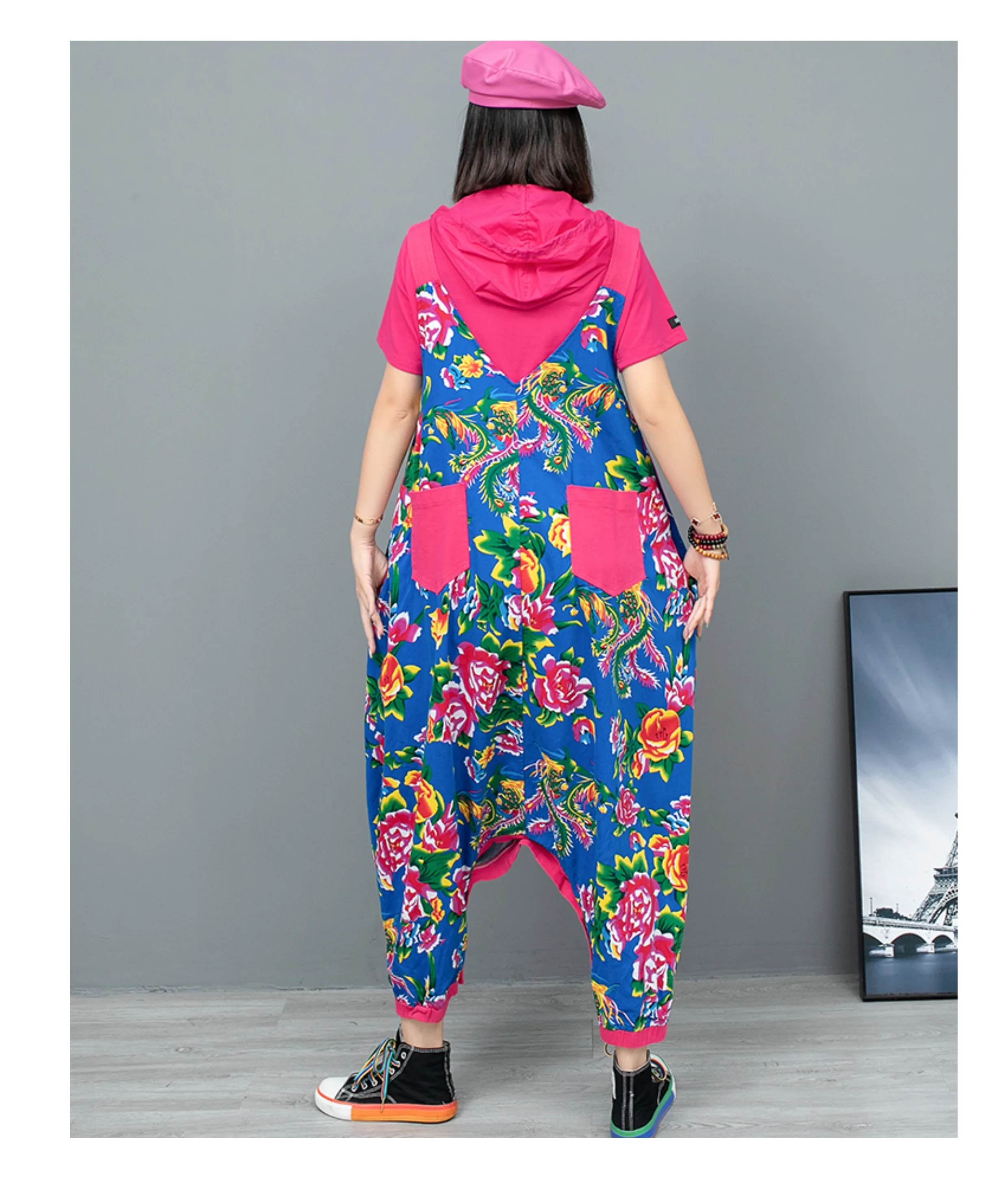 Vintage Peony Print Color Overalls Women\'s Chinese National Style Summer Can Wear Two Loose High Waist Crotch Jumpsuit