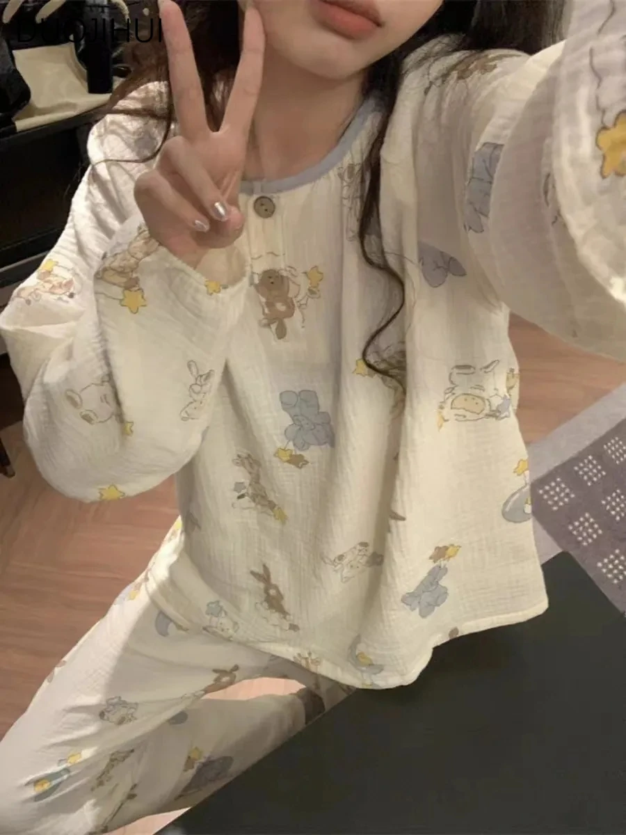 DUOJIHUI Autumn Two Piece Chic Printing Women Pajamas Set New O-neck Pullovers Simple Pant Fashion Casual Loose Female Sleepwear
