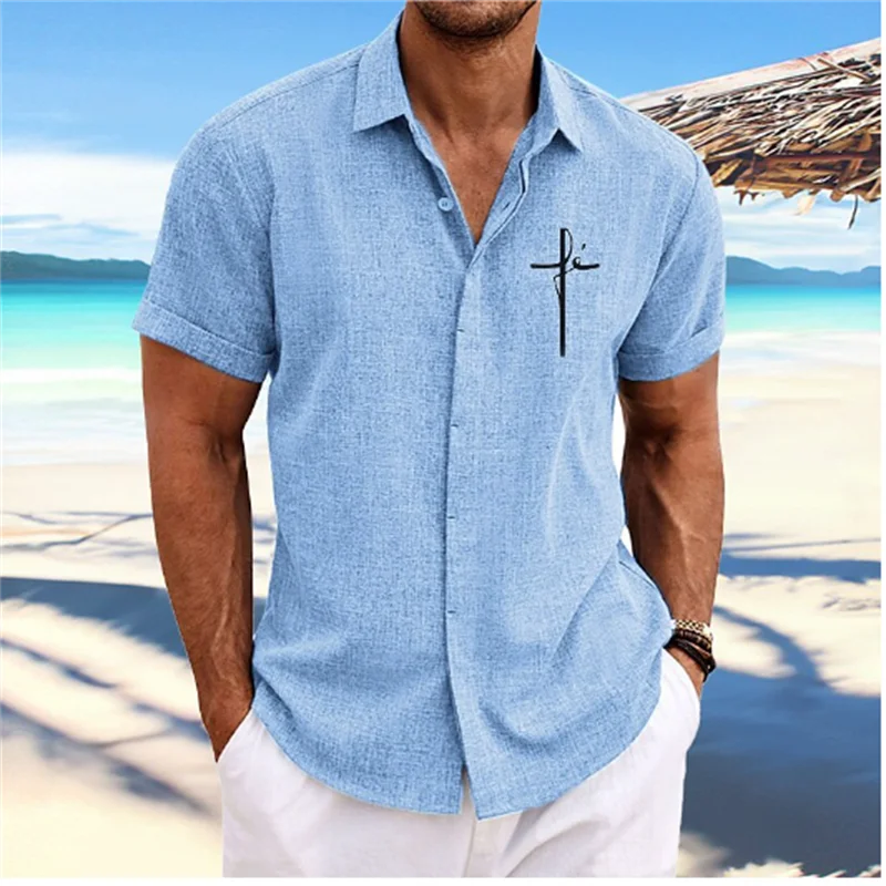 Camisa con estampado cruzado para hombre, camisa blanca de manga corta con botones y solapa, ropa de calle, informal y suave, de diseñador, a la moda, 2023