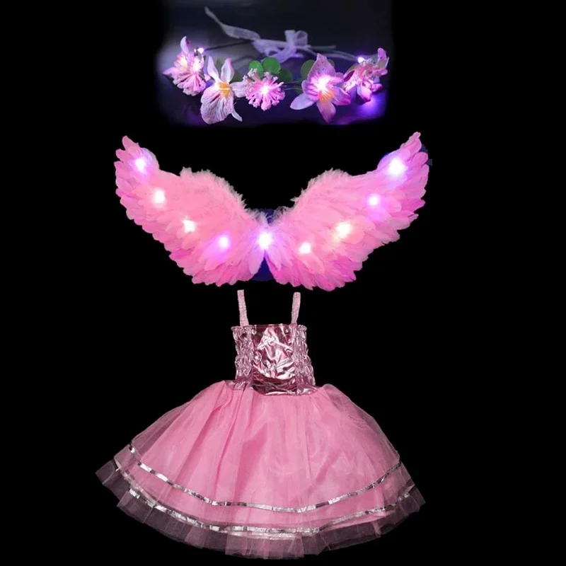 احتفالي LED توهج ضوء ريشة أجنحة الملاك الاطفال فتاة زهرة بنات حفلة تنكرية الزفاف عيد ميلاد