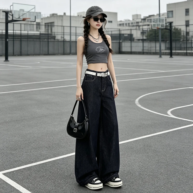 Vintage Denim Wide Leg Pants for Women, High-count Cotton Breathable Raw Color High Waist Loose Floor-Length Straight Trousers
