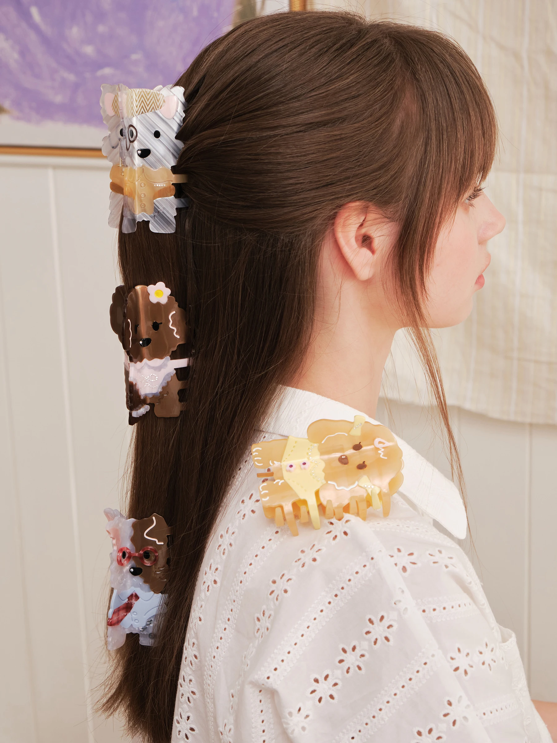 愛らしい犬のキャラクターヘアクリップオリジナルデザイン甘いスタイルアセテートシャーククランプヘアアクセサリー女性用