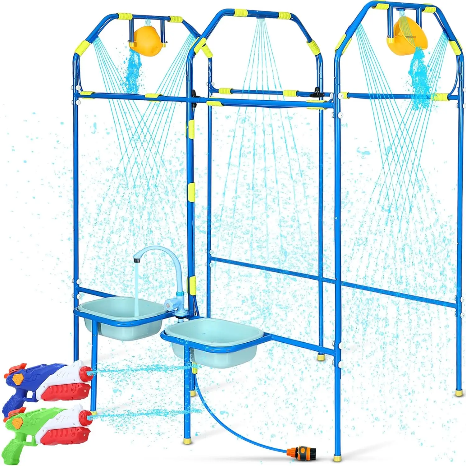 

Kids Water Park Sprinkler Toy, Heavy-Duty Steel Backyard Splash Game with Shooting Toys and Buckets for Outdoor Summer Fun