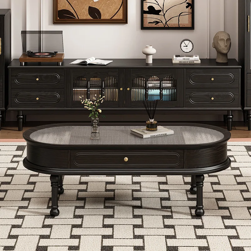 Mesa de centro de estilo retro francés, mesa de centro ovalada de madera maciza para sala de estar pequeña, mesa de té de estilo antiguo de alta gama con cajones