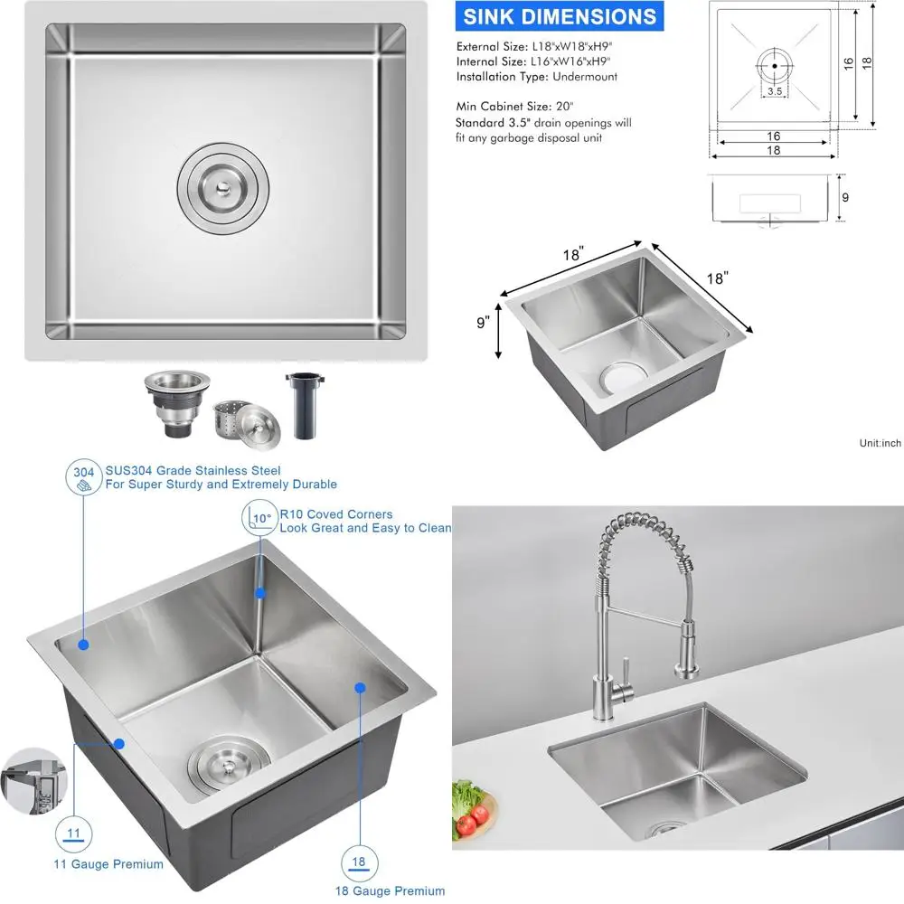 

Undermount Single Bowl Kitchen Sink, 18x18 Inches, T-304 Stainless Steel, Handmade Bar Sink with Strain for Small Kitchens