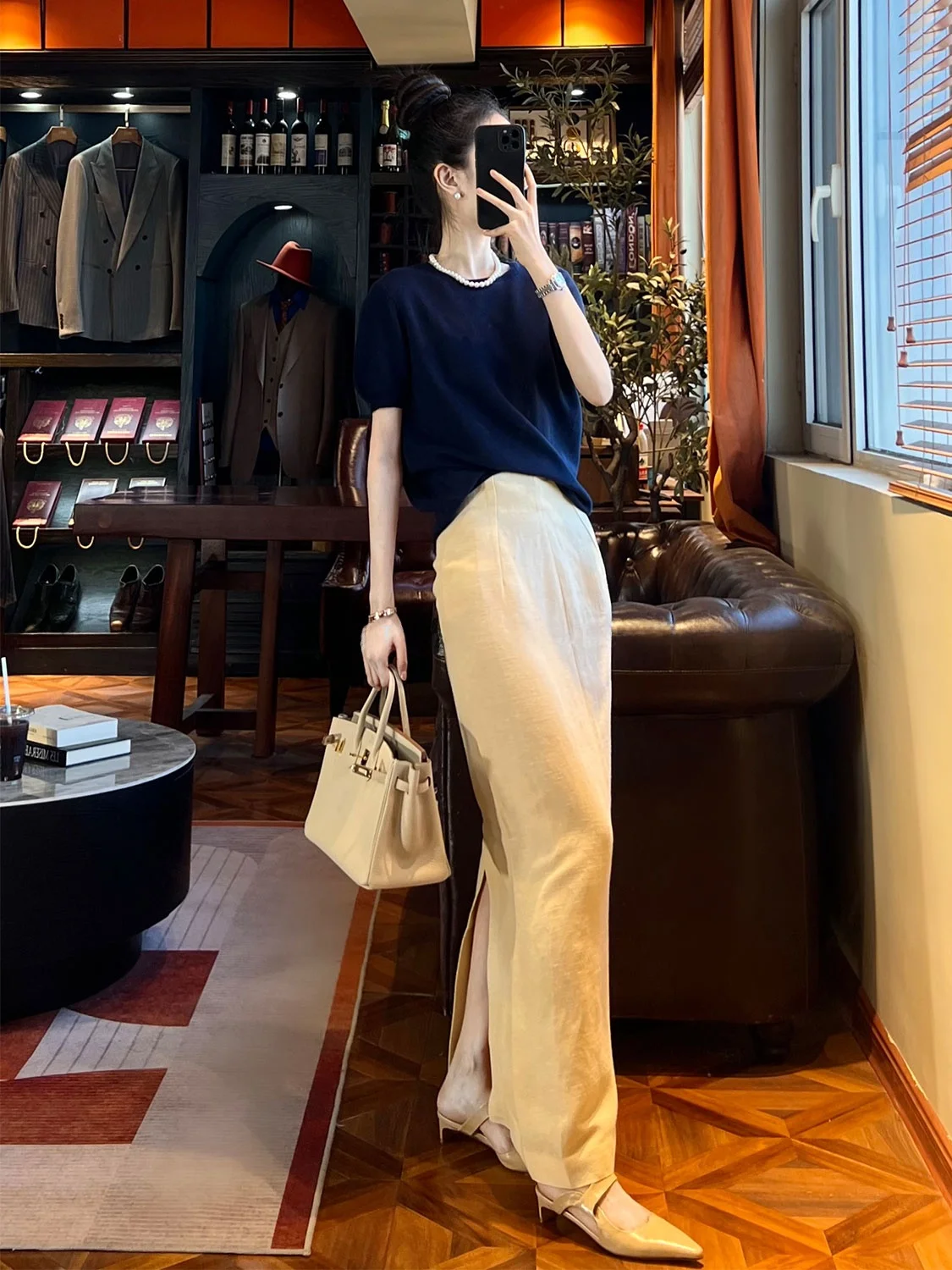 

Island Love High Waist Wool Linen Versatile Midi Skirt Split Long Straight Pure Color Women's Casual Faion Spring Summer