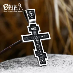 BEIER Men's Christian Stainless Steel Christ Jesus Pendant Eastern Orthodox Cross Pendant Chain Necklace Jewelry BP8-728