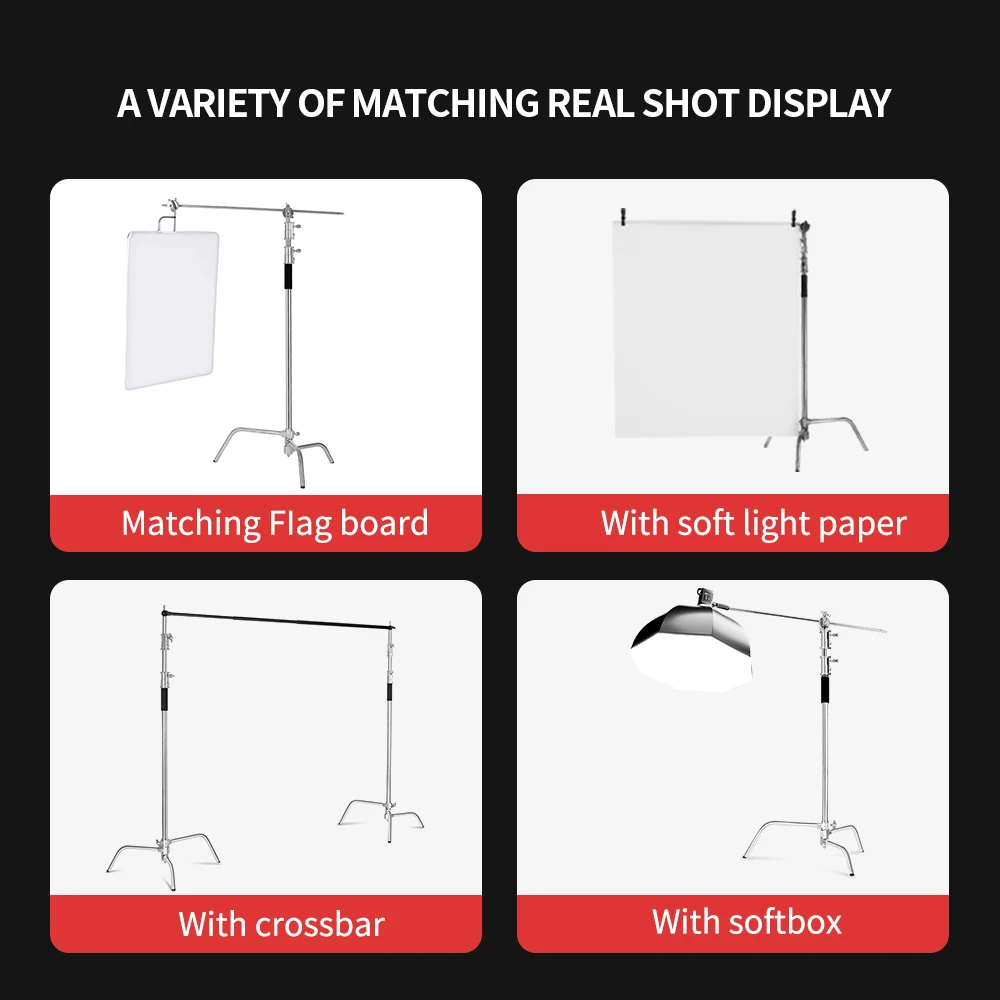 C-Stand Photography Stand Stainless Steel with Hold Arm and Grip Head Upgraded Max Height 260cm with One Adjustable Magical Leg