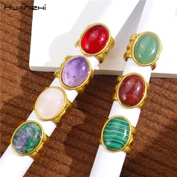HUANZHI Oval Natural Stone Chunky Ring for Women Geometric Vintage Fashion Gold Color Jewelry 2024 New