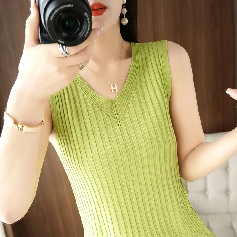 Spring Summer Women Sweater Vest Korean Fashion Slim Fit Ice Silk Sleeveless Tops Solid Knitwears Strecth Knit Pullovers Vests