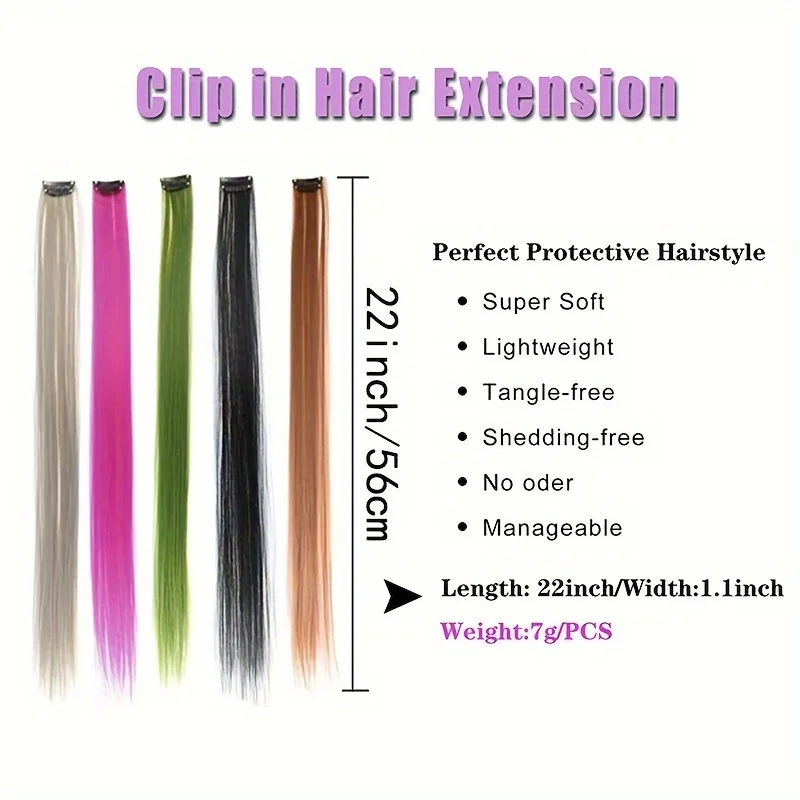 Clip in Hair Extensions, 22 Inch Colored Hair Extensions Party Highlights Long Straight Synthetic Hairpieces for Women Kids Girl