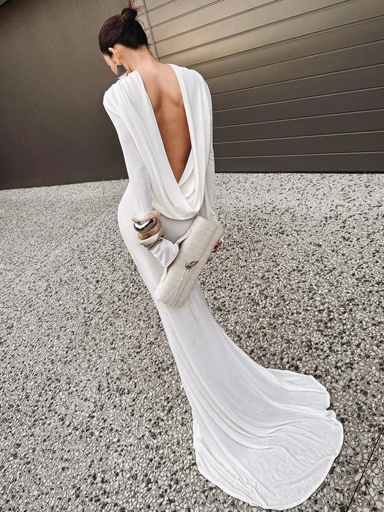 

Women Celebrity Sexy Long Sleeve Backless White Maxi Long Gowns Dress 2025 Elegant Evening Party Club Vestido