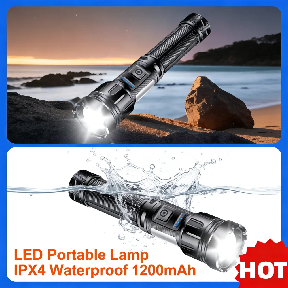 

XHP50 Портативный светодиодный фонарь COB 800LM 1200 мАч Type-C с зарядкой IPX4 Водонепроницаемый фонарик с регулируемым фокусом для кемпинга и рыбалки