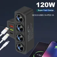 120W 7-in-1 USB Type C Socket Car Cigarette Lighter Splitter 12V 24V Fast Charger Phone Power Adapter for Car DVR GPS Dashcam