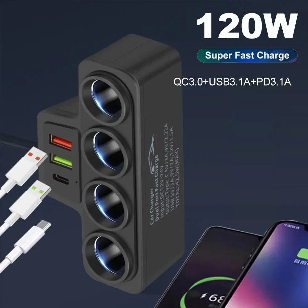 120W 7-in-1 USB Type C Socket Car Cigarette Lighter Splitter 12V 24V Fast Charger Phone Power Adapter for Car DVR GPS Dashcam