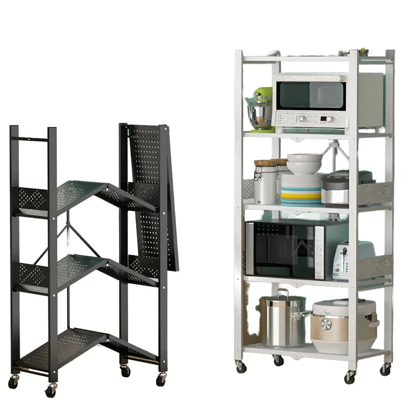 4-Layer Carbon Steel Kitchen Bathroom Storage Shelves Microwave Spice Rack Multi-Level Foldable Design Stand-Type for Home