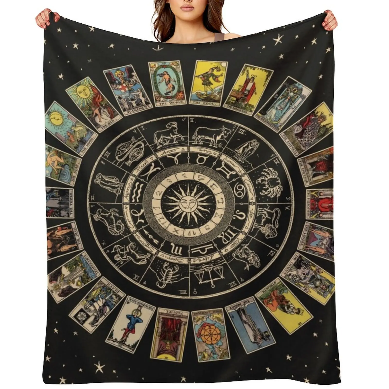 

Wheel of the Zodiac, Astrology Chart & the Major Arcana Tarot Throw Blanket for sofa Nap Sofas Blankets