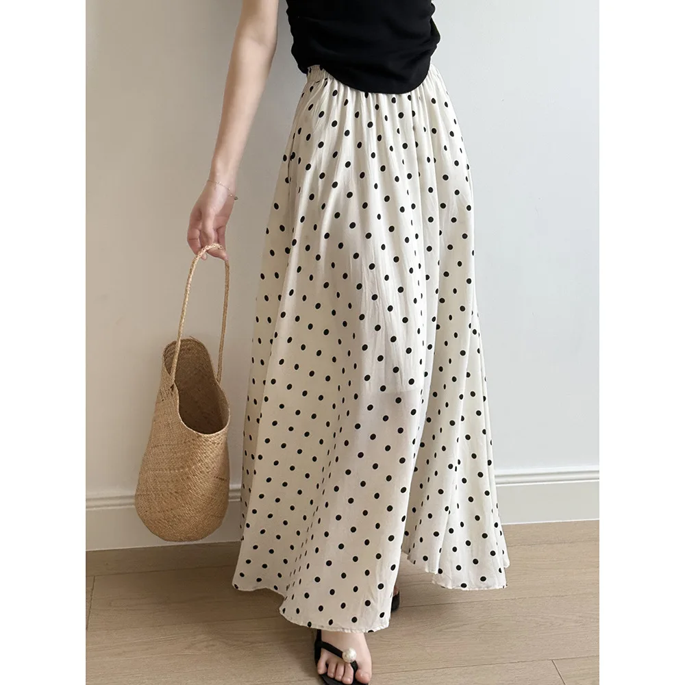 

Korean version polka dot skirt summer new versatile elastic high waist slimming A-line long skirt