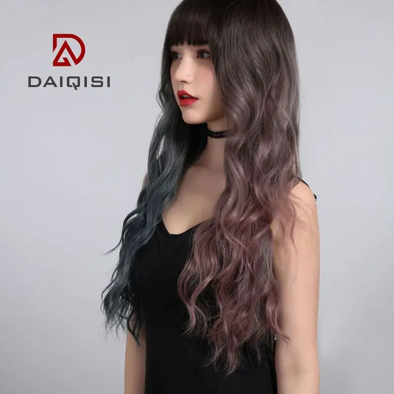 Popular women's long hair wig in two-tone color with big waves and straight bangs, full head cover