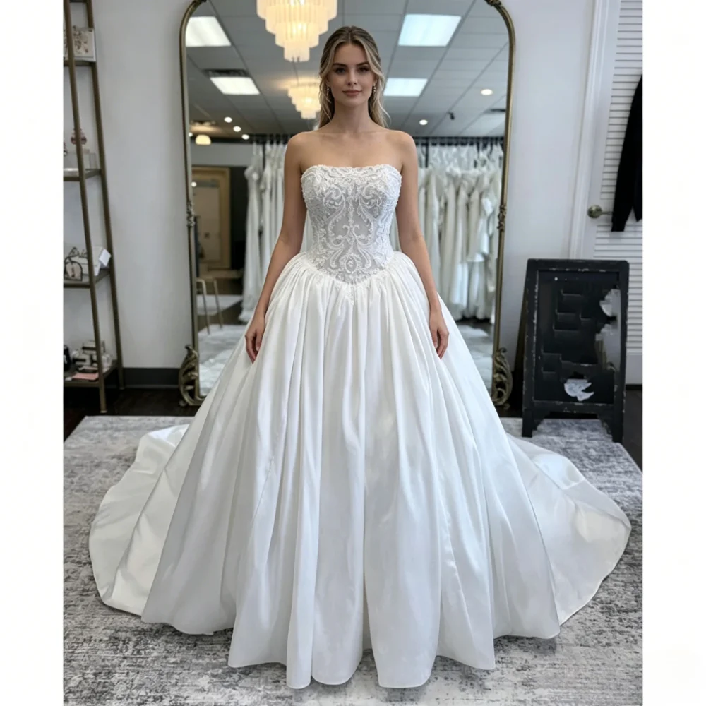 Customized 2026 Modern Luxury Satin A Line Princess Wedding Dress Strapless 3D Lace Appliques Bridal Ball Gown for Women Bride