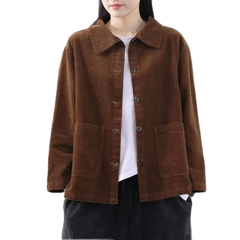 

Fashion Corduroy Coat Female New 2023 Woman's Spring Autumn Jacket Short Loose Korean Retro Single-Breasted Casual Outerwear Top