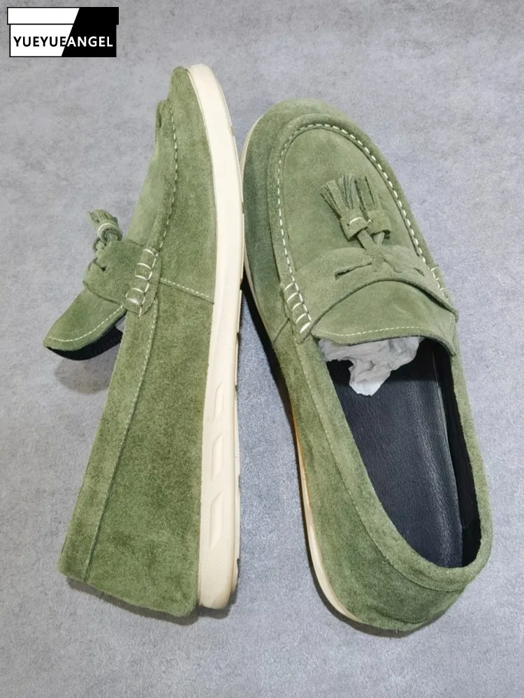 

British Style Mens Real Cow Suede Leather Casual Shoes Round Toe Vintage Tassels Slip On Loafers Shallow Business Driving Shoes