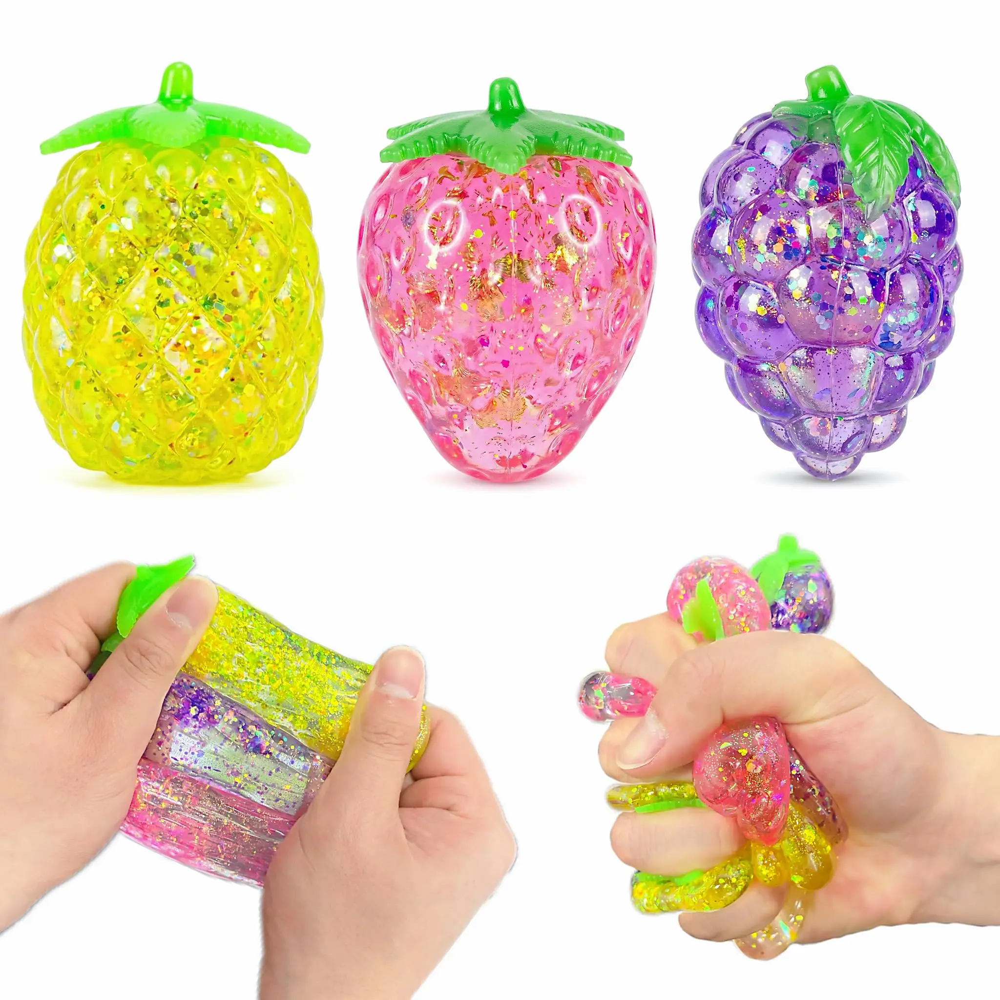 Maltose Fruit Squishy Toy Strawberry Grape Pineapple Stress Relief Squeeze Toy Glitter Sensory Fidget Toy 3 Styles Optional