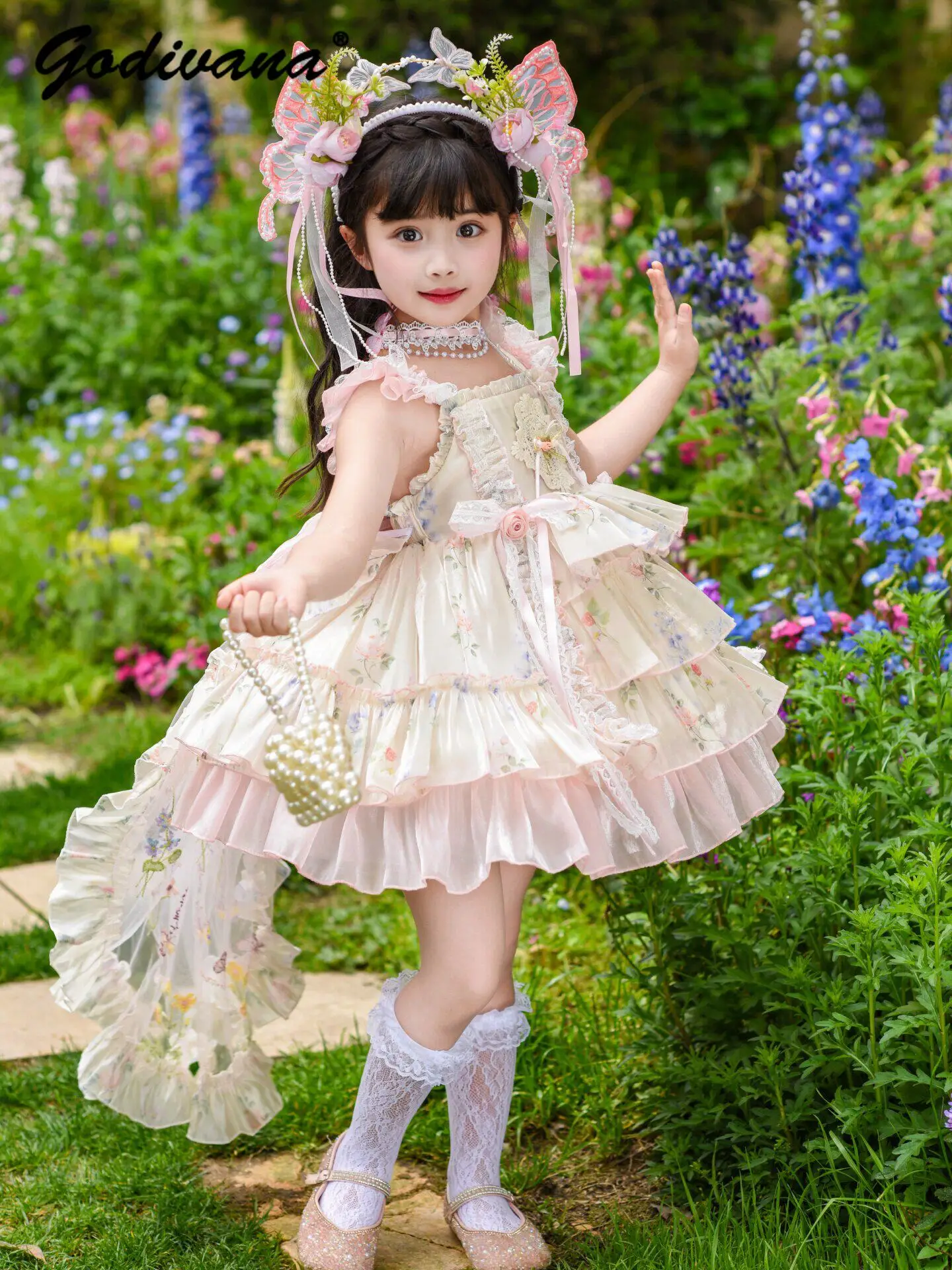 Sweet Baby Girls Floral Lolita Princess Sundress New Spring and Summer 2026 Kids Sleeveless Mesh Bow Tail Birthday Party Gown