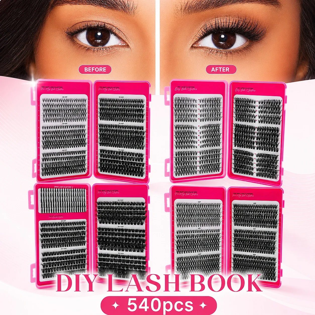 Handmade Waterproof Wispy Synthetic Hair Mega Volume 10D-200D 32-Rows Lash Book Clusters Individual Lashes Kit for DIY Home
