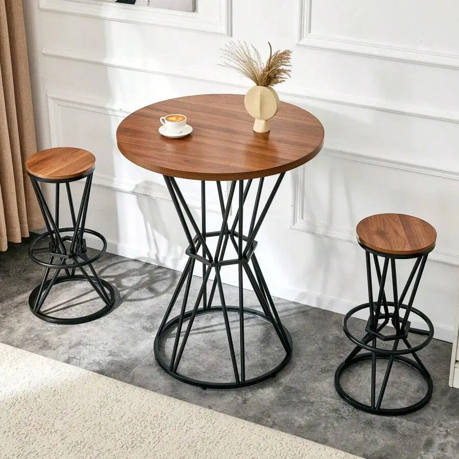 Single Package Bar, Table, Chair Set.31.5-Inch Walnut Wood Grain MDF Tabletop With Black Metal Frame, Industrial Style Bar Count
