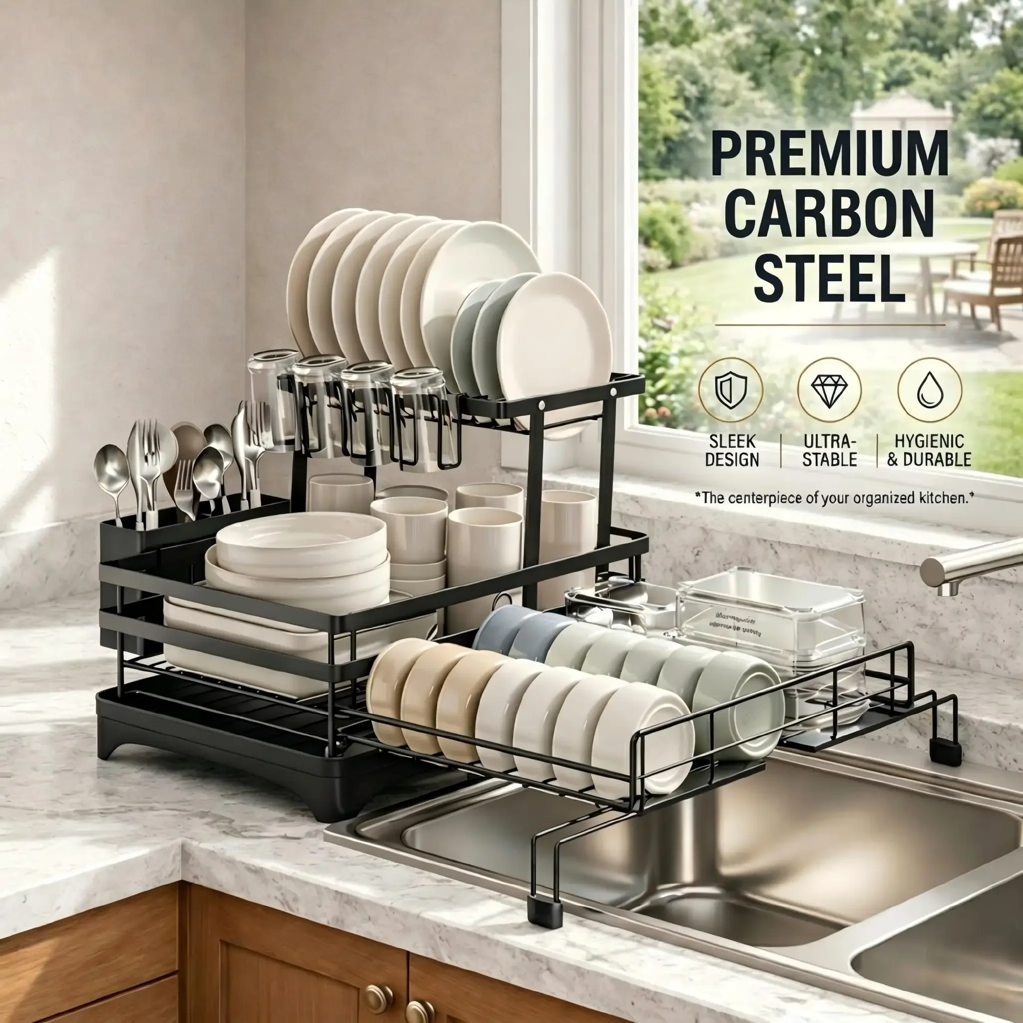 Foldable Kitchen Dish Rack Stainless Steel Countertop Organizer Space Saving Plate Bowl Holder Compact Dish Drying Drainer Shelf Carbon Steel Kitchen Storage Accessories Dorm Essentials
