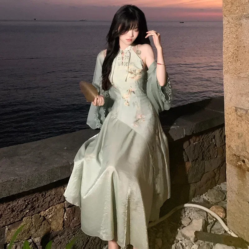 2025 الصيف الخصر المجهزة خمر الوقوف طوق بلا أكمام المرأة تنورة Greenhalter الرقبة تحسين فستان صيني 2025 جديد hanfu #4