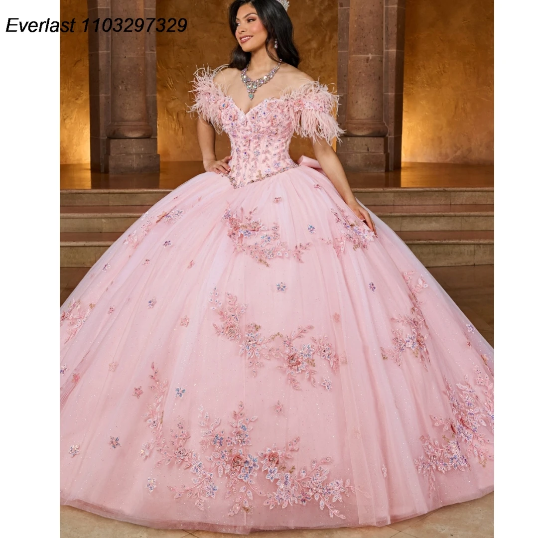 

EVLAST Shiny Pink Quinceanera Dress Ball Gown Floral Applique Beading Crystals Mexico Corset Sweet 16 Vestido De 15 Anos TQD486