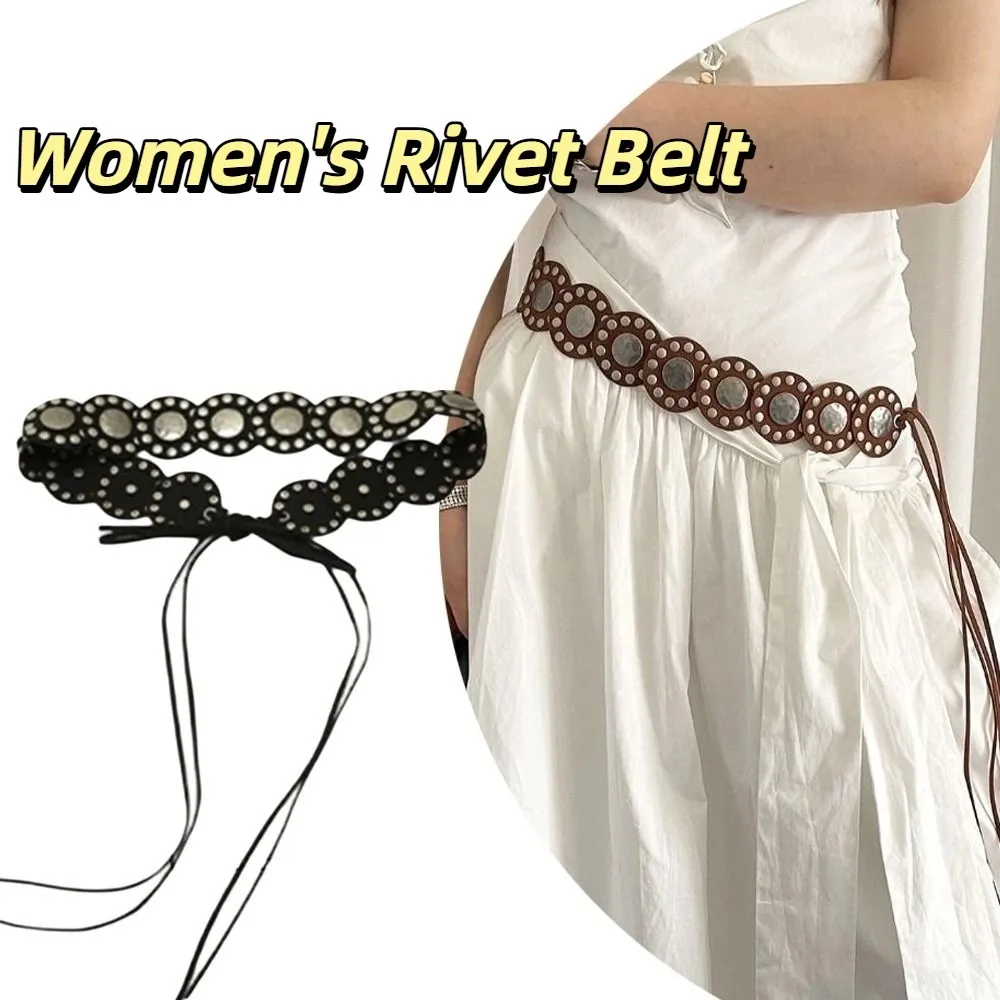 

American Vintage Women's Rivet Belt Black Coffee Heavy-Duty Leather Waist Belt Round Wide Dress Jeans Belt Streetwear