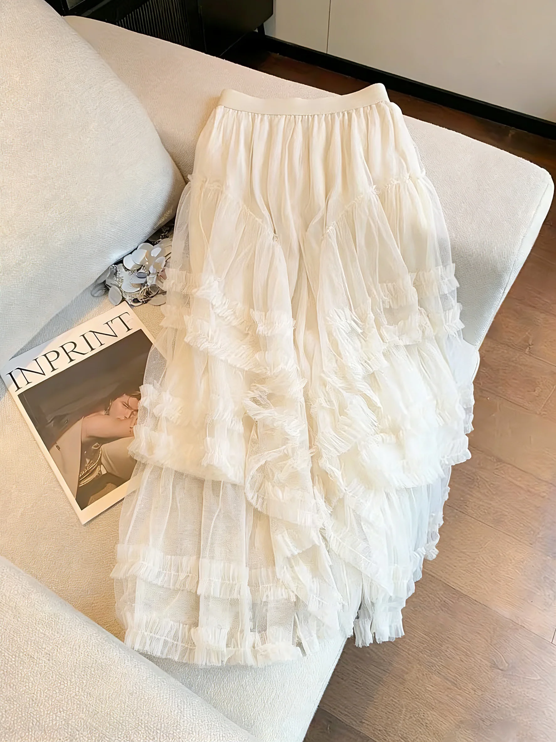 

Корейская уникальная дизайнерская шифоновая асимметричная юбка для женщин, летняя модная юбка с кружевным подолом, длинная юбка в пол