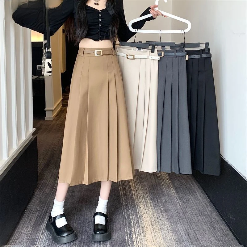 Skirts Women Folds Belt Special Students Age-reducing Basics Korean Style Vintage Prevalent All-match Autumn Ladies Creativity