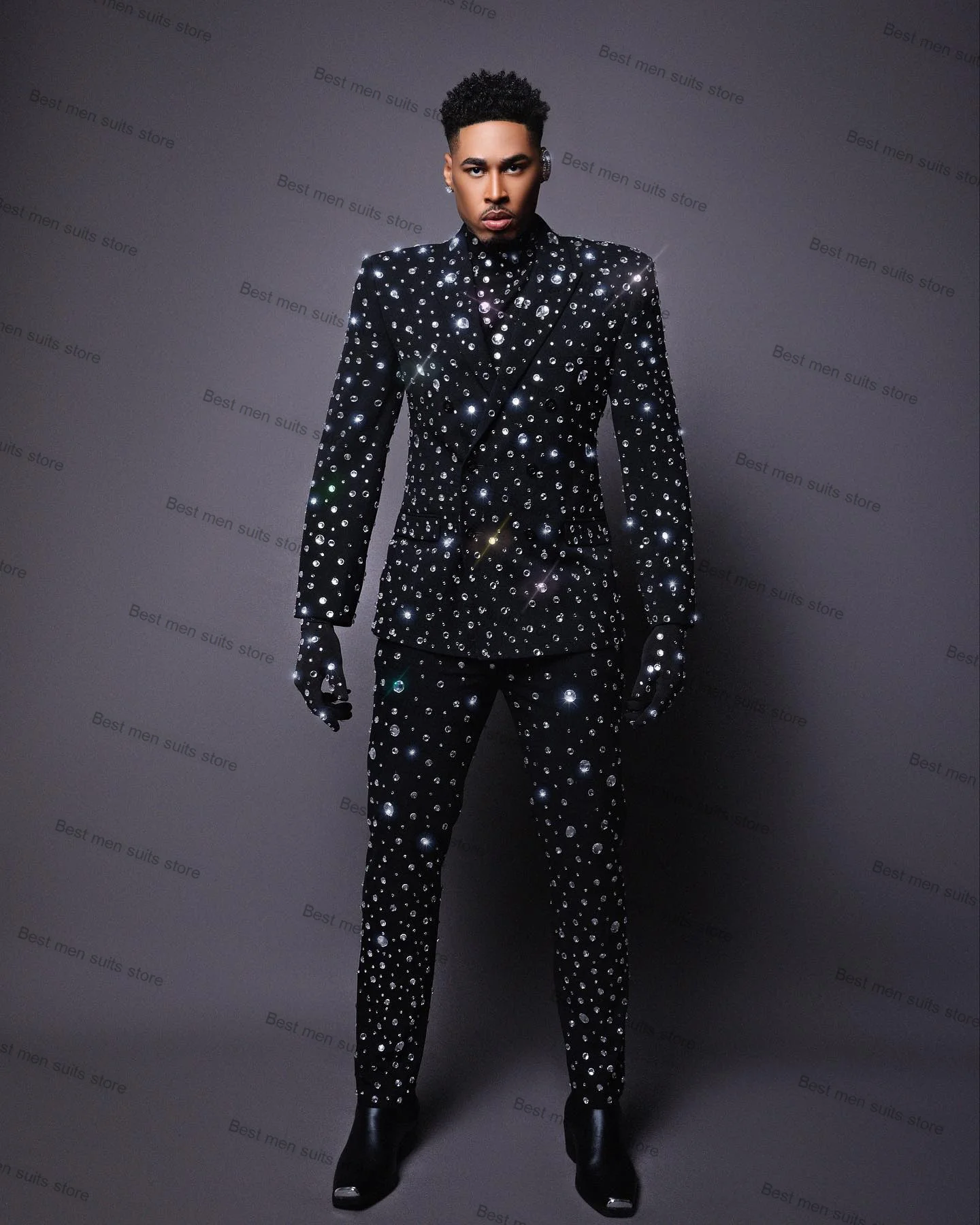 

Luxury Crystal Men Pant Suit Set Business Wedding Tuxedos Male Blazer Prom Party Outfit (Jacket+Pants) Custom Made