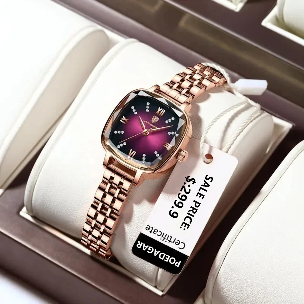 POEDAGAR High Quality Luxury Women Watch Stainless Steel Square Waterproof Quartz Ladies Wristwatches Dress Elegant Femme Clocks